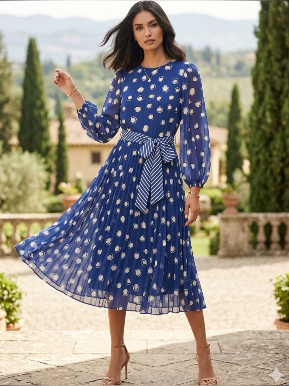Maggy London Chiffon Pleated Midi Dress Navy Blue Polka Dot Size 4 Coquette Y2K